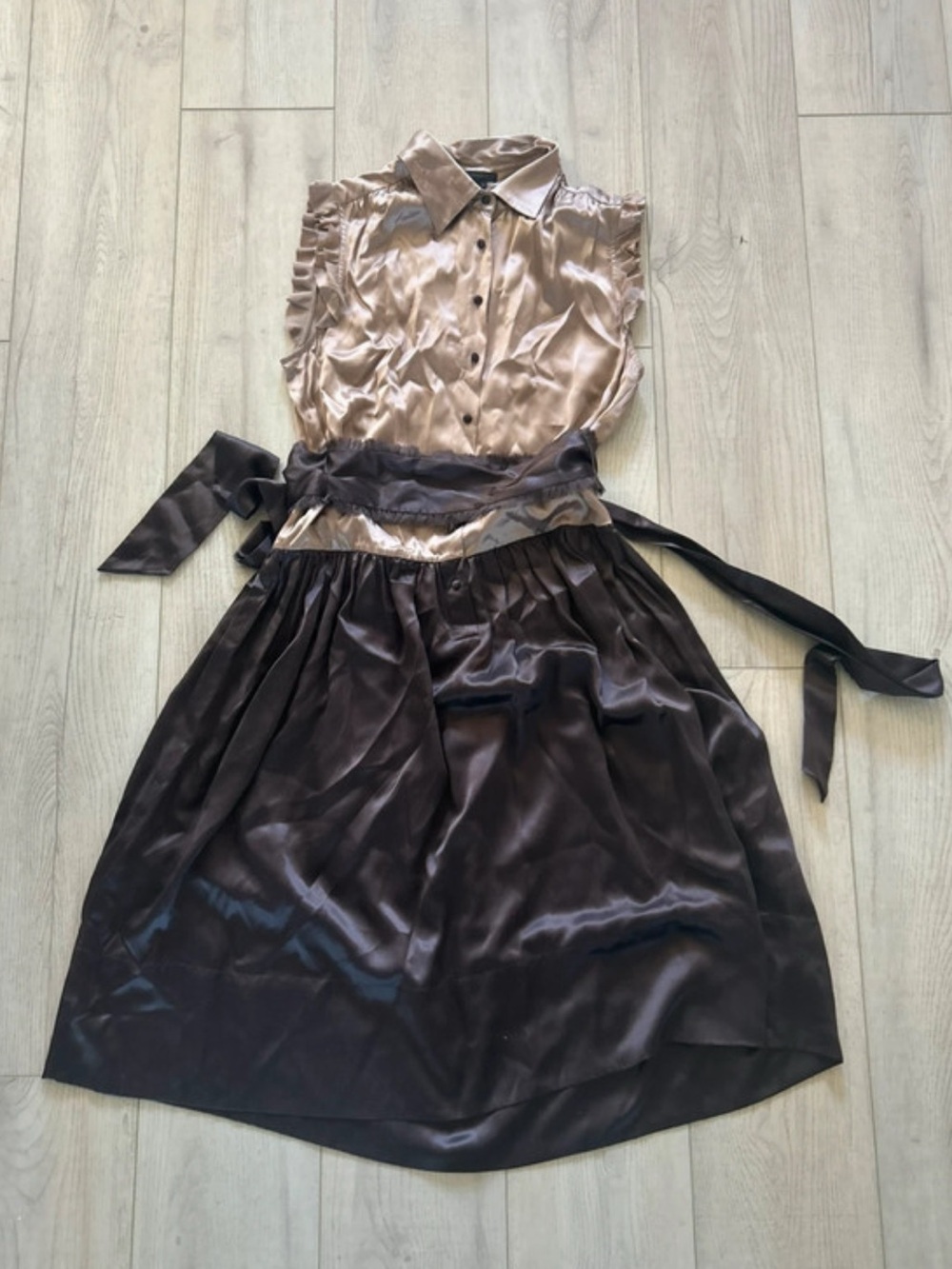 BCBGMaxAzria Two-Tone Satin Midi Dress in Champagne and Dark Brown